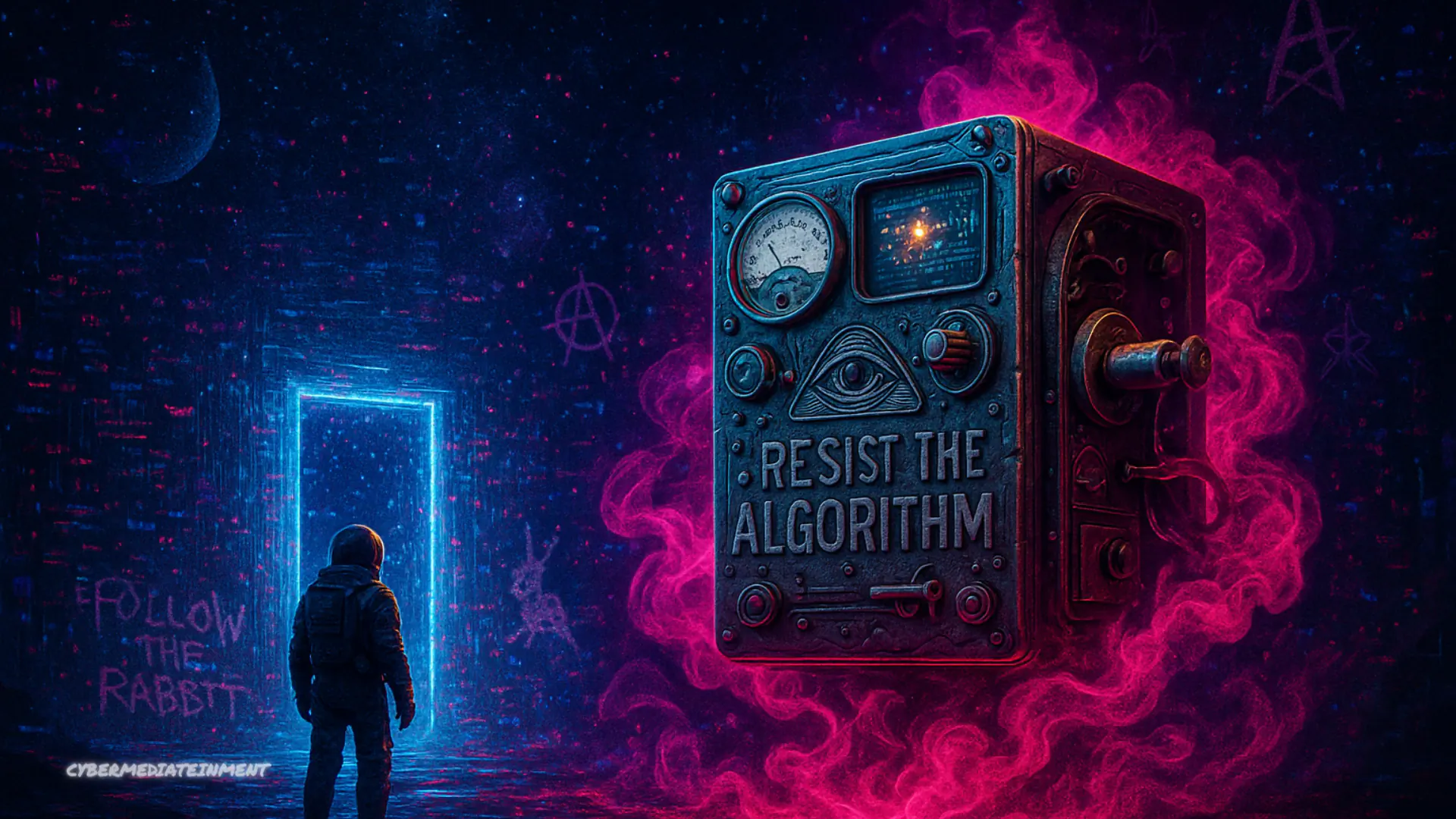 Step into the algorithm: a man in cyberspace, a hybrid space between real and virtual. #followthealgorithm by Cybermediateinment.