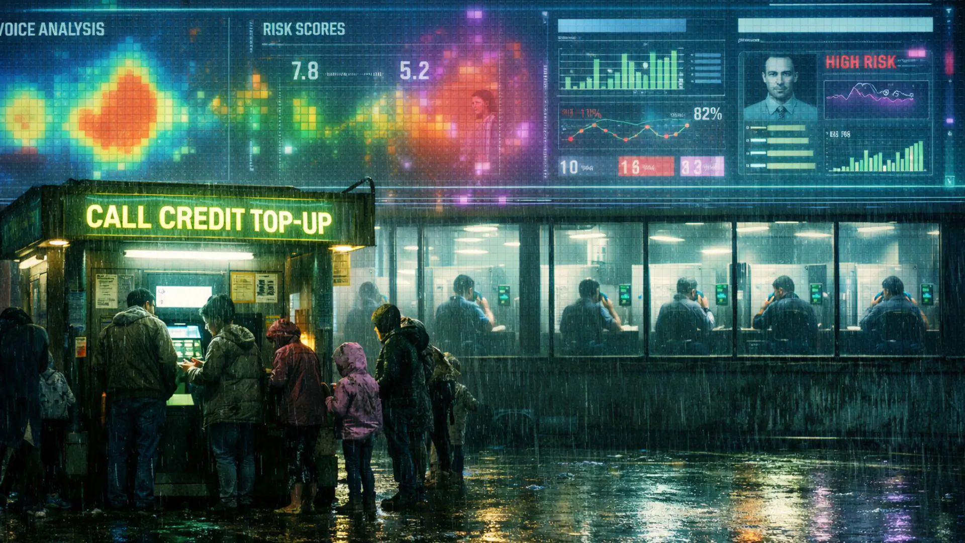 Schermi e interfacce di monitoraggio con flussi dati: la sorveglianza diventa un cruscotto operativo, non un evento eccezionale.