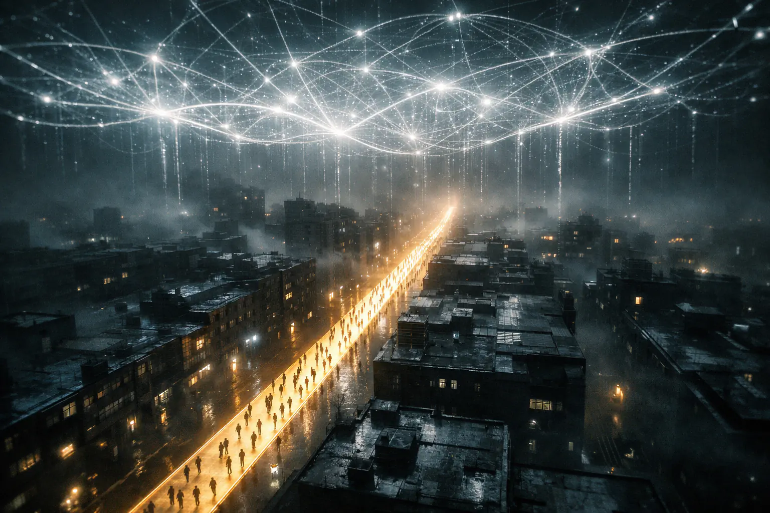 Network power — metaphor of network effects: a dominant platform at the center with dense connections, while peripheral alternatives remain isolated. Visual representation of switching costs and the power of standards.