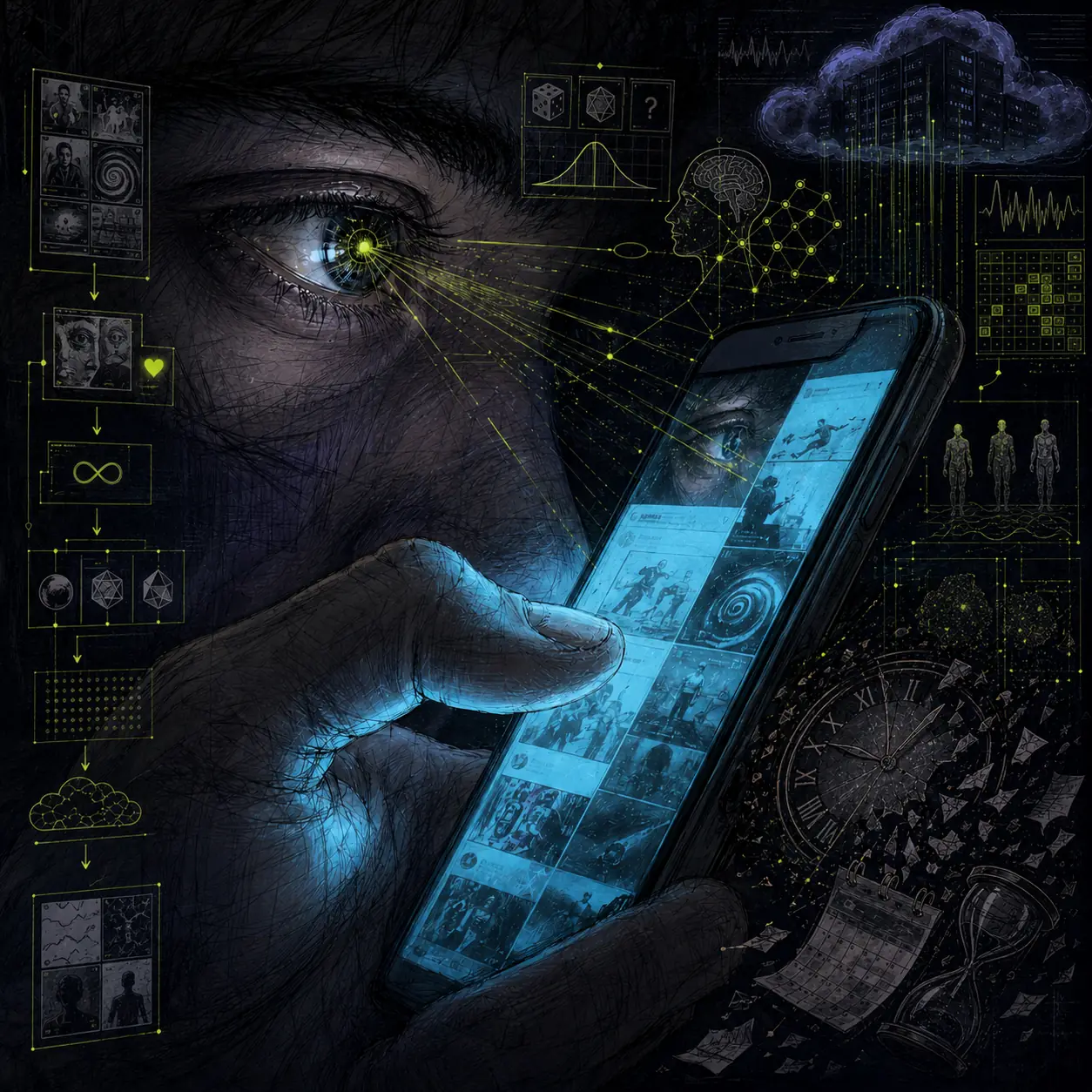 Illustrazione digitale che rappresenta i dark pattern e la manipolazione dell'attenzione nelle interfacce online